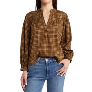 Treasure & Bond Smocked Shoulder Plaid Blouse – Size S NWOT